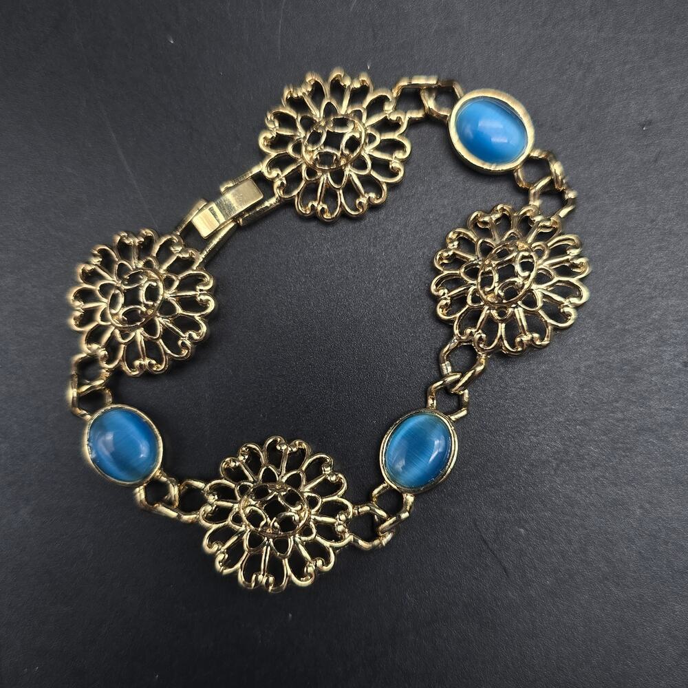 Gold Tone Filigree Blue Moon Glow Bracelet Vintage 1990s Costume Jewelry